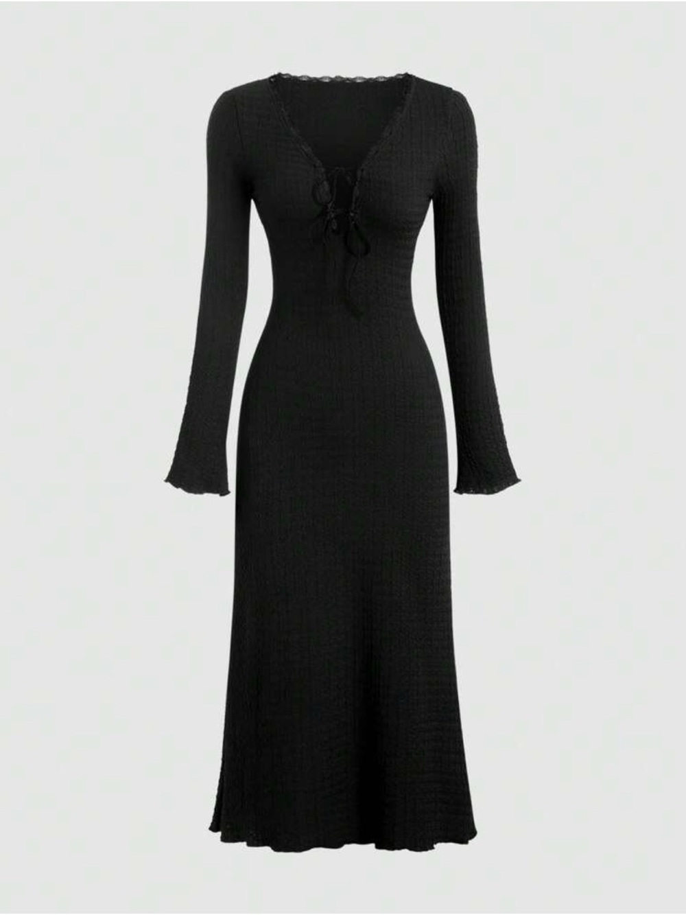 SHEIN Black Long Sleeve Tie-Front Maxi Knit Dress